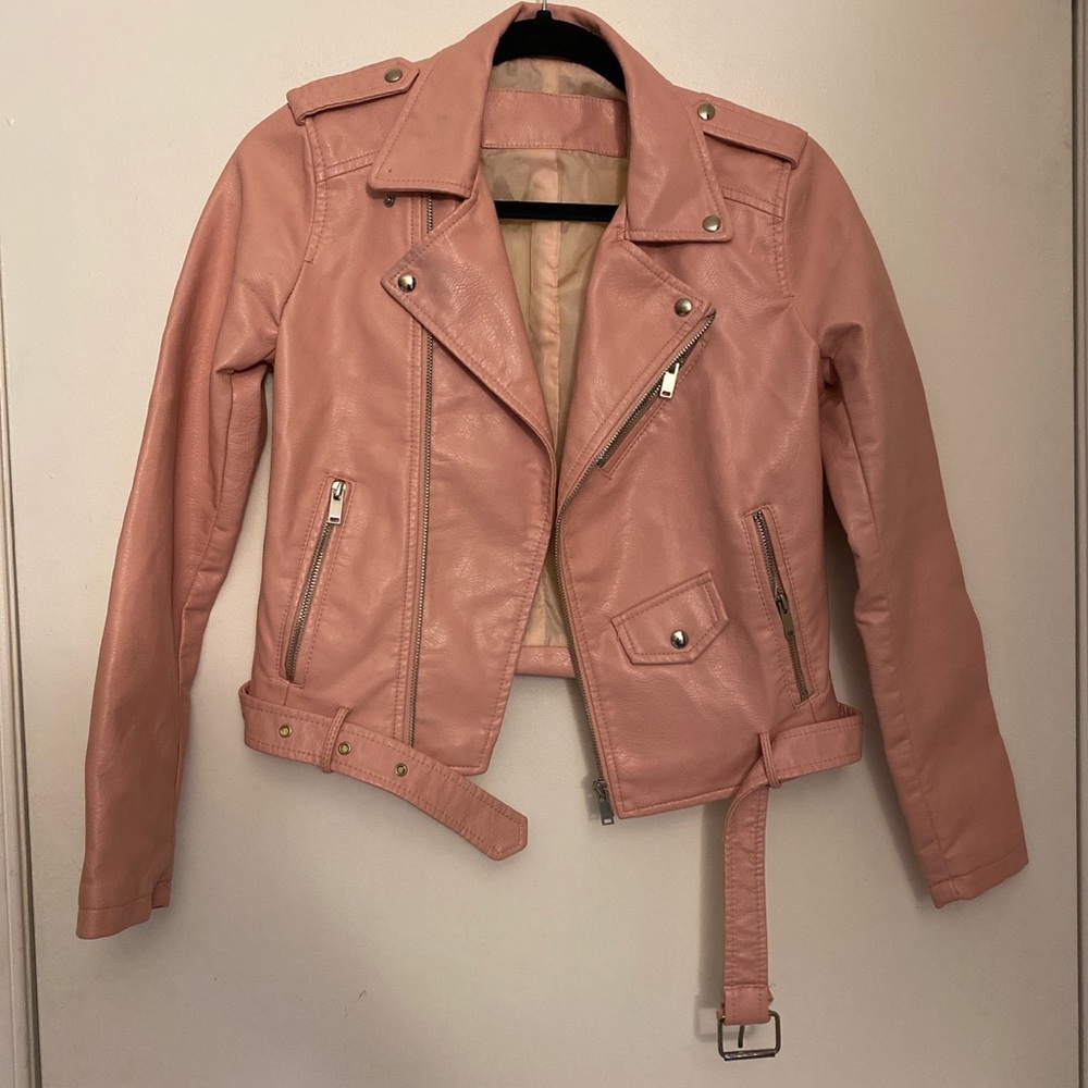 Pink faux leather motorcycle jacket